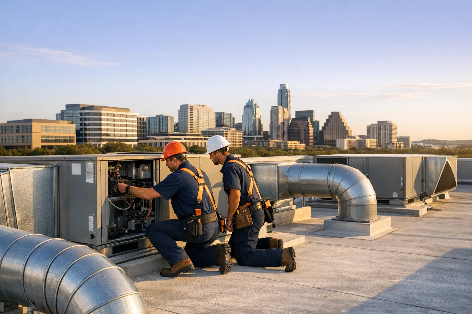Austin commercial HVAC rooftop service on a modern office building.