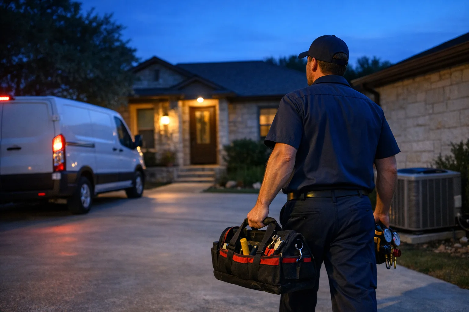 Emergency HVAC repair technician arriving for an Austin no-cool call.