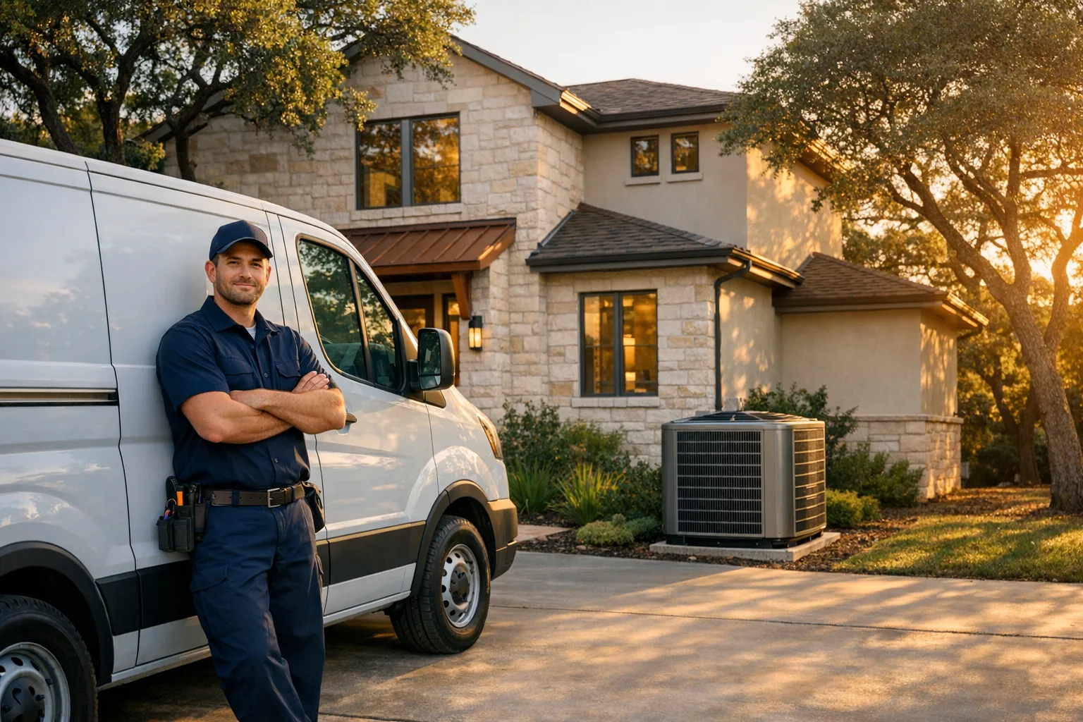 Austin HVAC company technician beside a service van at a Central Texas home.