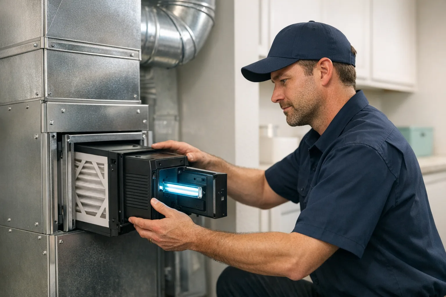 Central Texas indoor air quality technician installing whole-home air filtration.