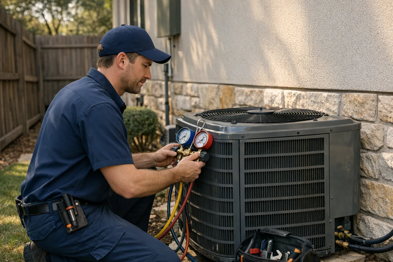 Austin HVAC technician ready for residential service at a Central Texas home.